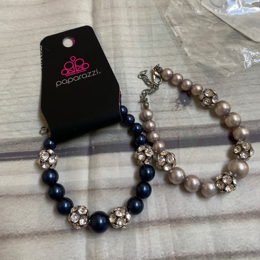 Paparazzi Pearl Rhinestone Bracelet Set Navy Blue Taupe Beaded 2pc